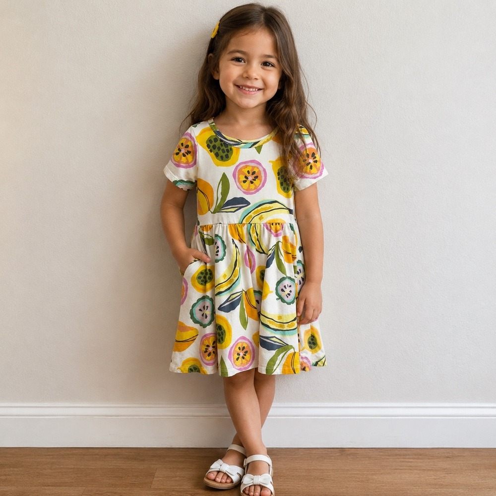 Tea Collection Fruit Print Dress Girls 5 Multicolor Tropical Short Sleeve V-Back